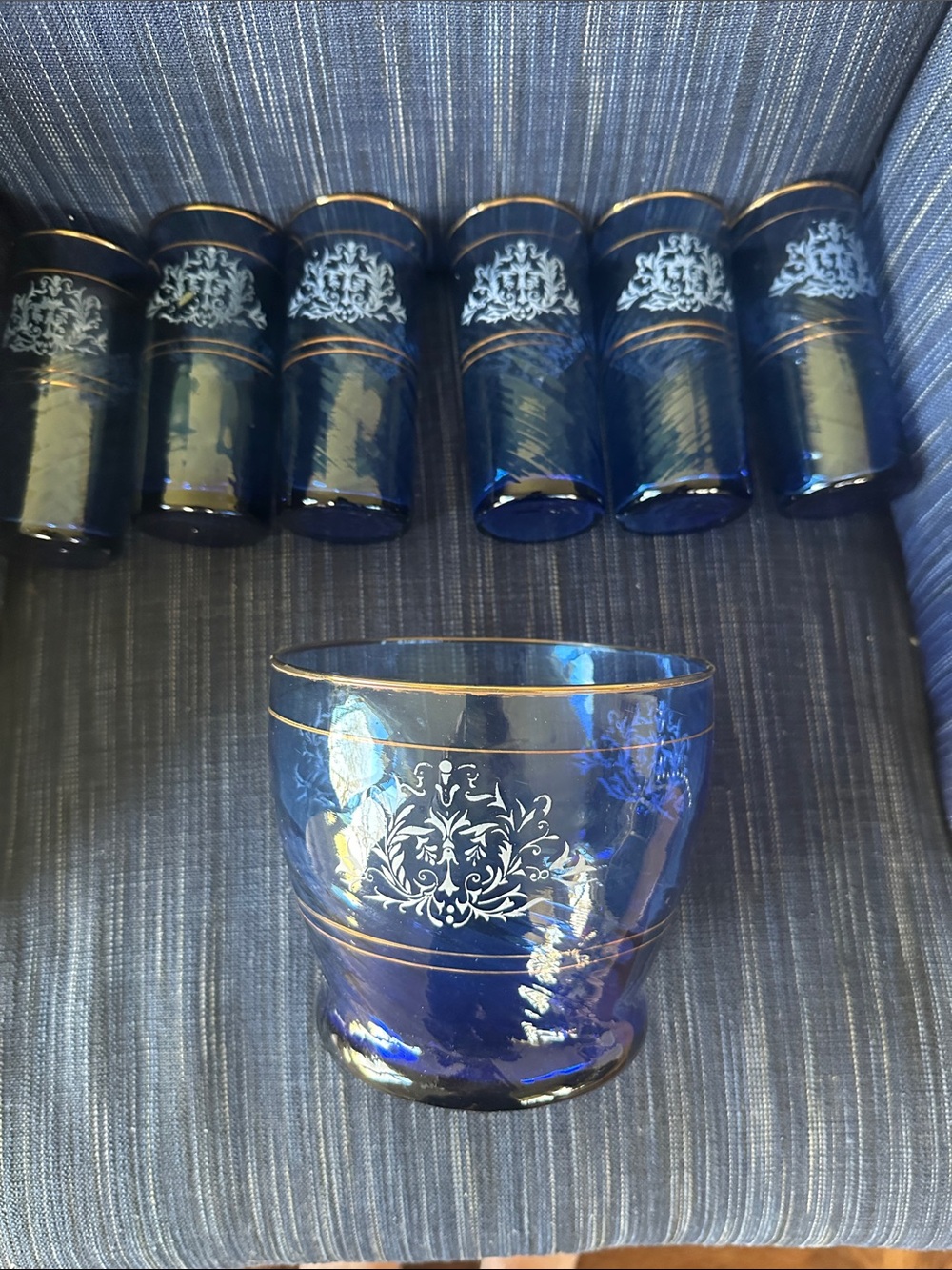 Set of 6 blown glass pontil cobalt blue gilt edge highball glasses and ice bowl - Picture 5 of 8